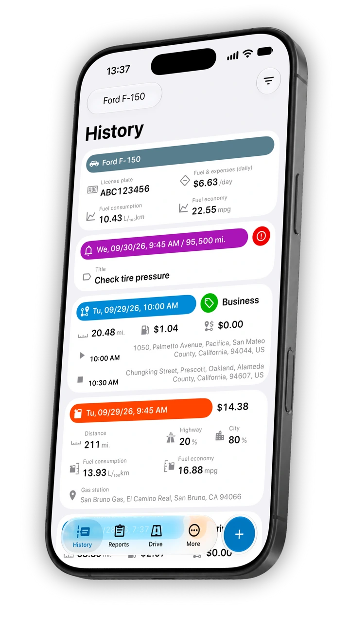 Motolog History with a vehicle selector, filter control, and saved trip entries. (iOS)