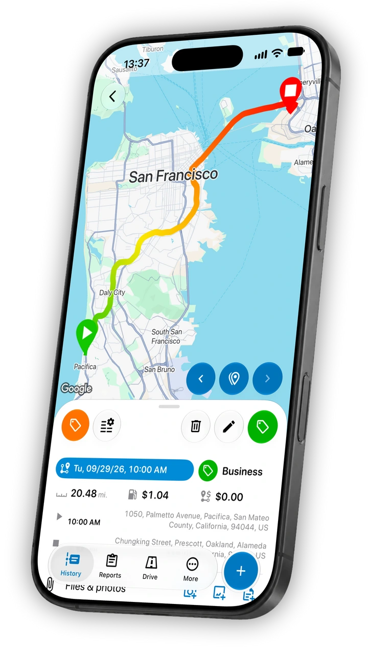 A recorded Motolog trip showing its route map, Business tag, distance, duration, and start and end locations. (iOS)